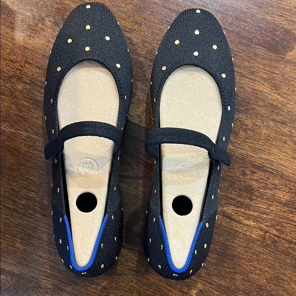 Rothy's Square Mary Jane Black Flats with Gold Accents